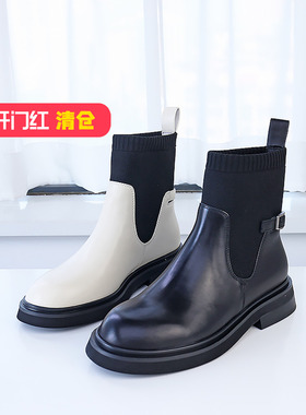 清仓II可媚秋冬款胎牛皮松紧带防水台短靴厚底切尔西靴KC23913-