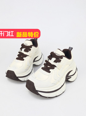 可媚2025新冬款白配棕做旧擦色牛皮厚底绒里系带老爹鞋KC25984-93