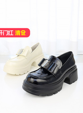 特价II可媚正品春款圆头开边珠牛皮厚底蝴蝶结单鞋女KA24667-121
