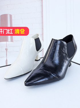 清仓II可媚正品秋款尖头皱牛皮细高跟裸靴松紧带短靴KC23870-278
