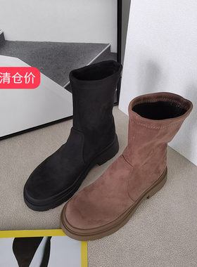 冬款厚底靴女可媚正品圆头套筒