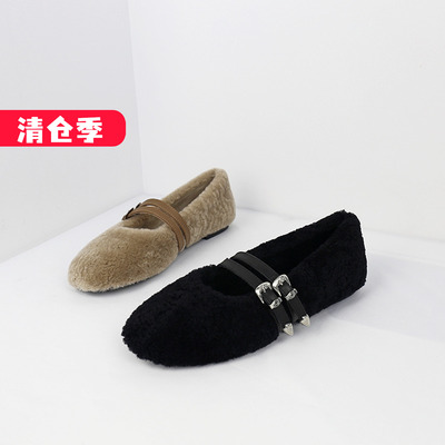 可媚圆头羊羔毛平底玛丽珍女鞋