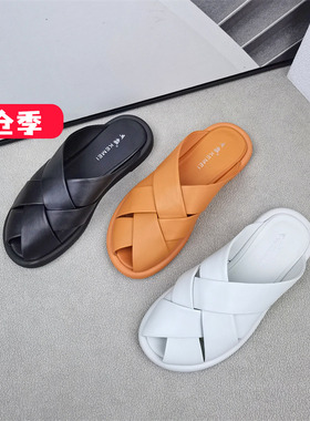 清仓‖可媚正品夏款羊皮交叉编织平底真皮包头拖鞋女KB22803-31