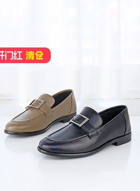 特价II可媚正品春款圆头胎牛皮金属饰扣一脚蹬低跟单鞋KA24621-78