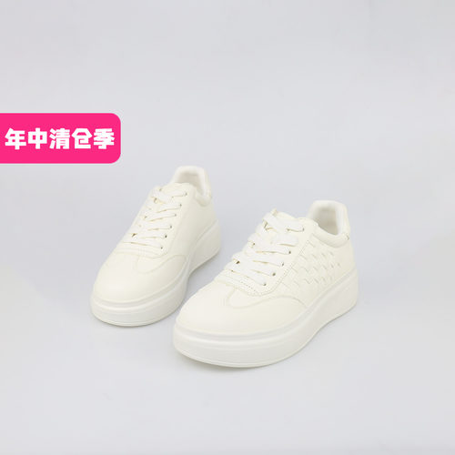 可媚白色牛皮拼接格纹系带小白鞋