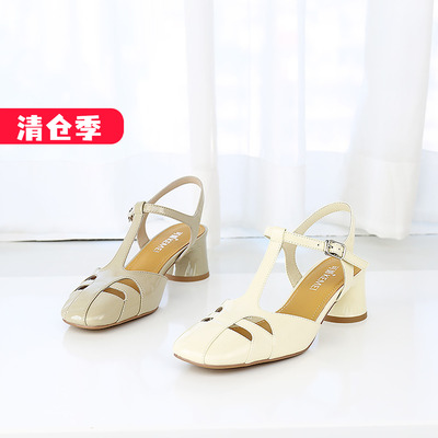 丁字扣带包头粗中跟凉鞋可媚正品