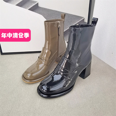 正品骑士靴粗高跟短靴可媚牛漆皮
