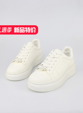 可媚2025新秋款圆头牛皮小白鞋系带珍珠闪钻休闲鞋女KC25829-219