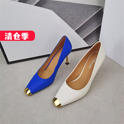 可媚尖头细高跟丝绸牛皮单鞋