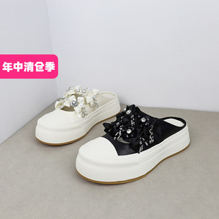 特价II可媚春款圆头牛皮松糕厚底闪钻花饰中空包头拖鞋KA25353-15
