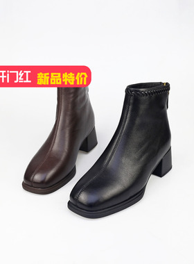 可媚2025新冬款方头羊皮车缝线防水台后拉链粗跟短靴KC25972-168