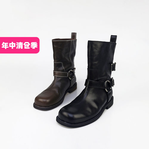 可媚方头牛皮车缝线皮带扣西部靴