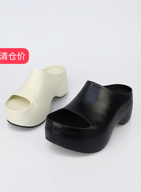 特价II可媚正品夏款小皱牛油皮厚底简约真皮一字拖鞋女KB25629-73