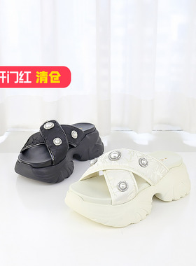 特价II可媚正品夏款进口布花纹大闪钻松糕底拖鞋女KB24325-288