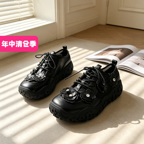 特价II可媚夏款圆头丝绸牛皮网面花朵水钻系带休闲鞋女KB25632-16