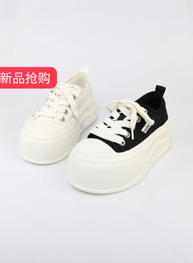 可媚2026新夏款圆头牛皮网面厚底小白鞋系带休闲女鞋KB26504-398