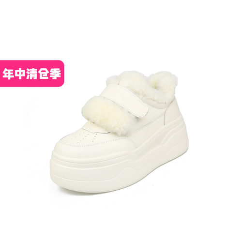 可媚厚底牛皮魔术贴休闲小白鞋女
