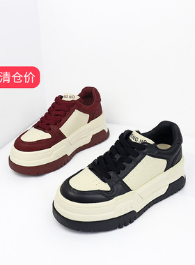 清仓II可媚正品秋款圆头牛皮拼色厚底系带松糕底休闲鞋KC24927-58