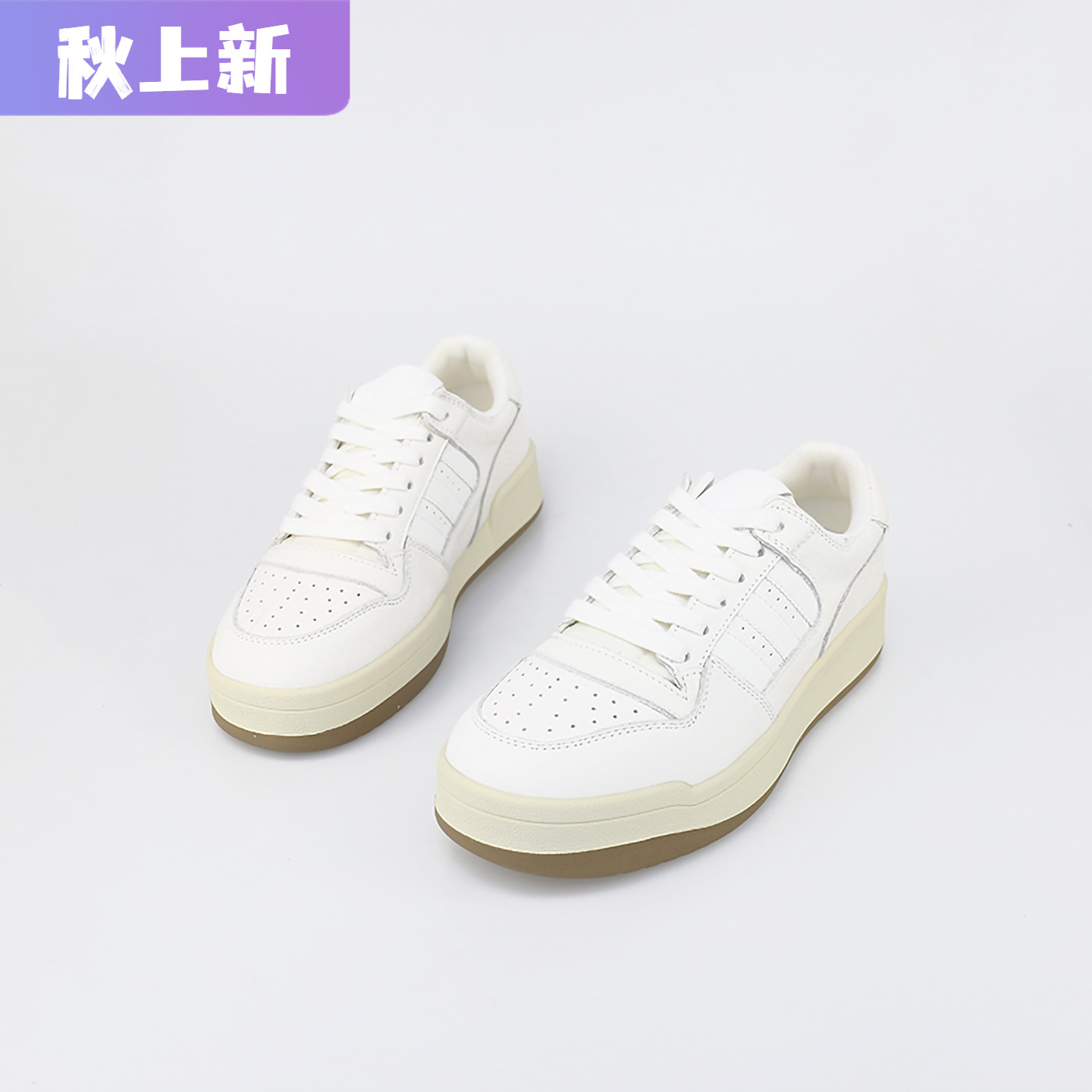 可媚圆头牛皮系带透气孔休闲鞋女