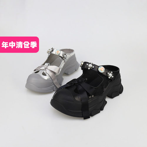 可媚圆头珠片布面闪钻包头拖鞋女