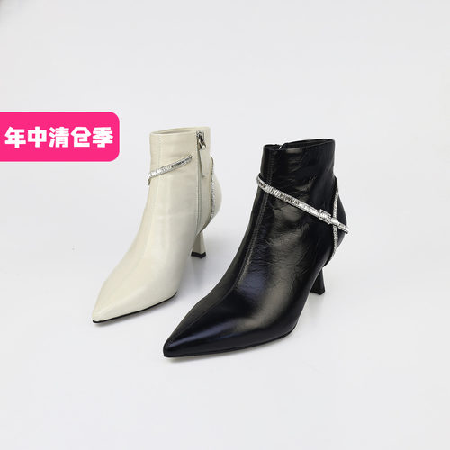 可媚2025新秋冬款尖头牛油皮真皮短靴女KC25950-06
