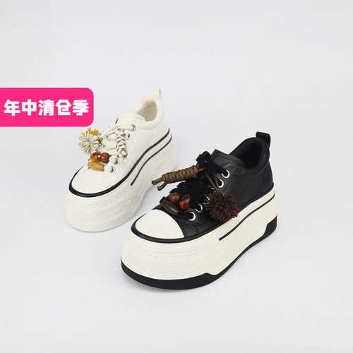 可媚牛皮吊坠系带松糕底休闲鞋女