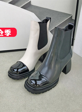 清仓‖可媚正品冬款胎牛皮松紧带拼色粗高跟防滑短靴KC22963-381