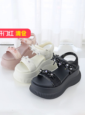 特价II可媚夏款布面闪钻松糕底魔术贴绊带露趾凉鞋女KB24324-288