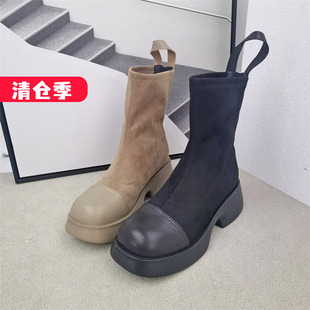 清仓‖可媚正品秋冬款胎牛皮弹力布厚底靴后拉链马丁靴KC22773-23