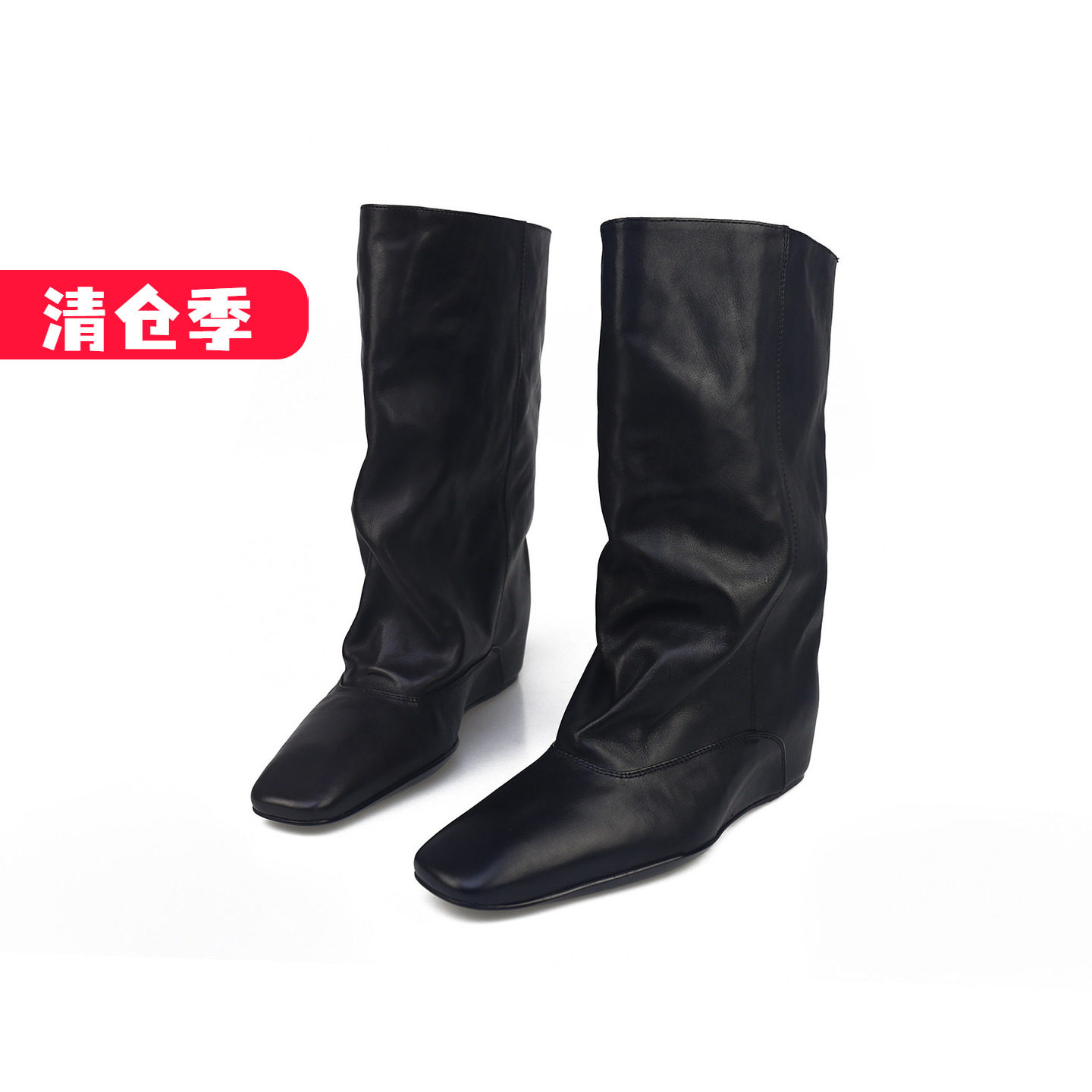 特价II可媚秋冬款小方头小牛皮坡跟套筒时装低筒靴女KC25960-209