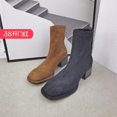 短靴弹力绒布圆头粗中跟秋冬可媚