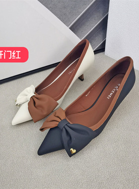 清仓‖可媚正品秋款尖头羊皮拼色蝴蝶结细高跟单鞋女KC22887-167