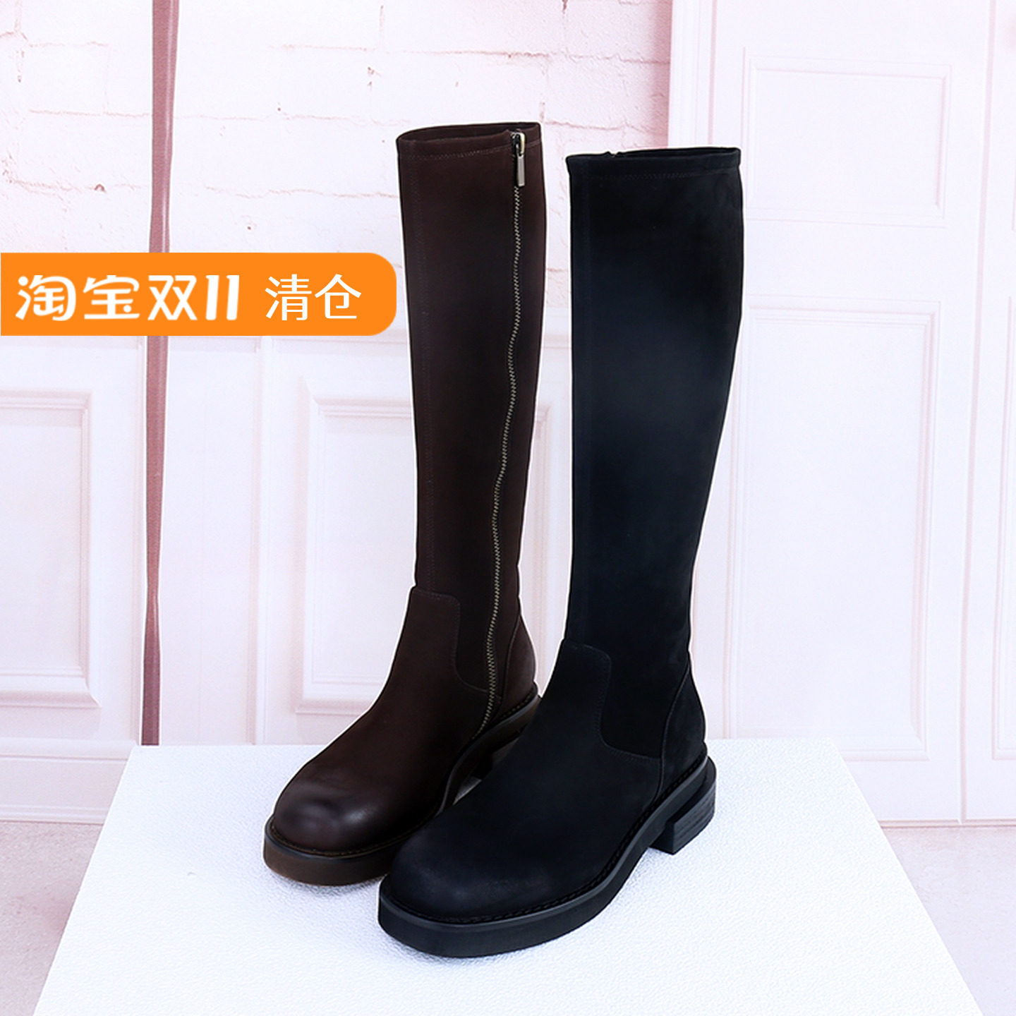 清仓‖可媚冬款圆头胎牛绒防水台侧拉链高筒靴机车靴女KC22945-80