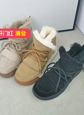 清仓‖可媚冬款牛反绒厚底系带保暖靴毛里平底雪地靴KC22977-168
