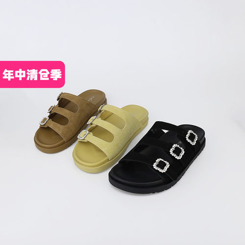 可媚牛反绒水钻扣饰防滑平底拖鞋