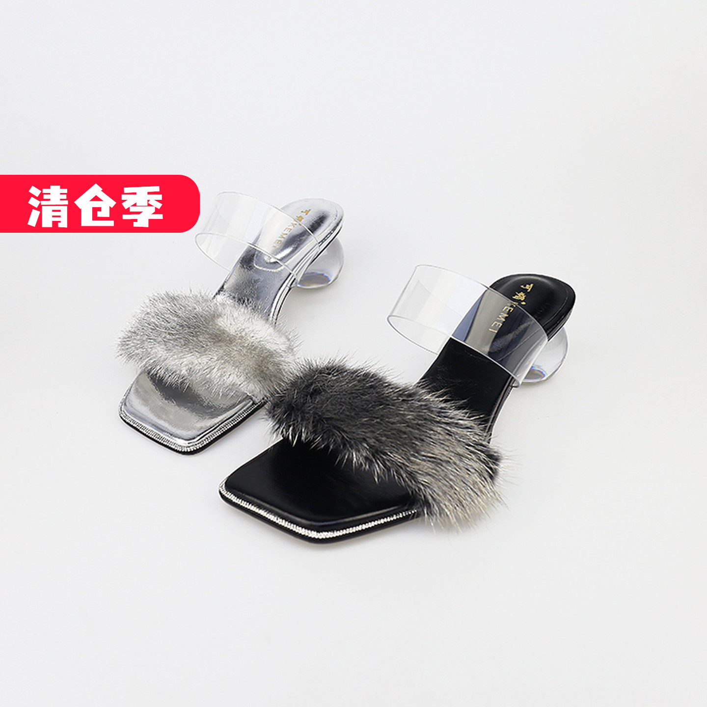 特价II可媚夏款手抓纹牛皮獭兔毛亮片水晶粗中跟拖鞋KB25681-167