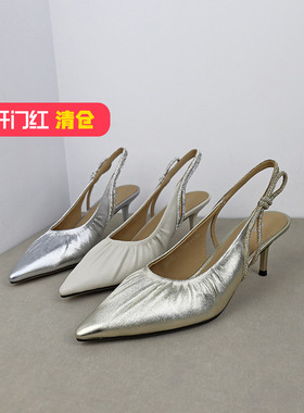 可媚2025新春款尖头羊皮一字式扣带水钻后空细高跟单鞋KA25322-06