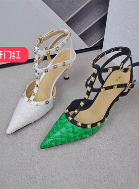 清仓‖可媚春款鱼皮丝绸羊皮性感尖头后空细高跟单鞋KA22628-219