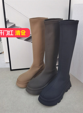 清仓‖可媚秋冬款圆头胎弹力布防水台松糕底过膝长靴女KC22909-11