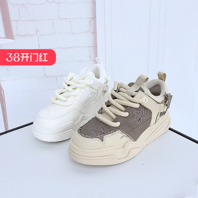 拼色圆头松糕底休闲鞋可媚系带