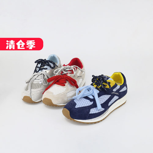 可媚牛皮网面拼色防滑系带休闲鞋
