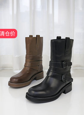 可媚圆头牛皮厚底皮带扣低筒靴女
