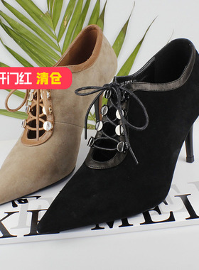 清仓‖可媚正品秋款尖头羊猄皮镂空水钻超高细跟单鞋女KC9851-366