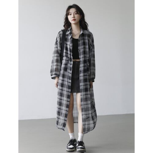 汪小沫 雪纺格子防晒衣夏季港风复古宽松过膝长款薄款衬衫外套女