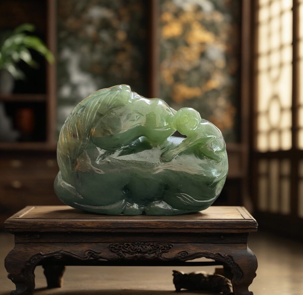 天然和田碧玉马上封侯立体圆雕手把件玉石摆件