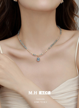 ins清新海蓝宝项链批发法式浪漫设计感串珠锁骨链轻奢风绝美吊坠