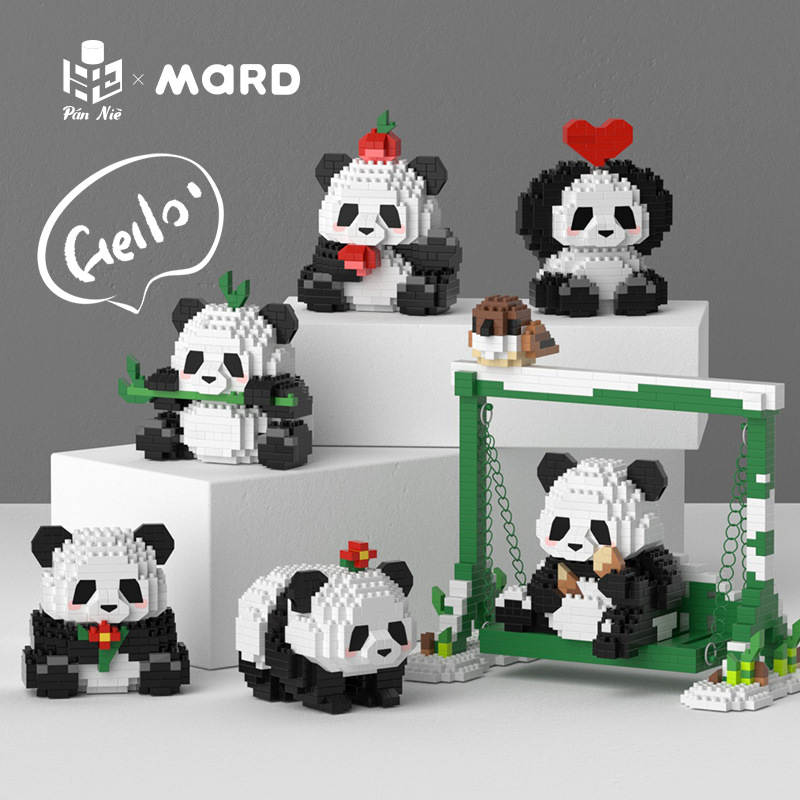 梅肯斯姆熊猫七仔喝凉茶模型件儿童积木拼组装玩具礼品