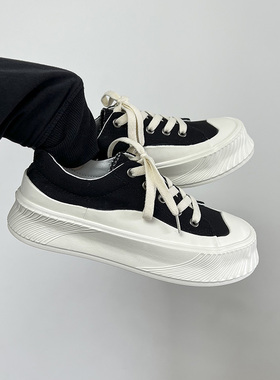 卷毛高厚底帆布鞋板鞋女春秋2025年新款黑色低帮饼干板鞋百搭夏季