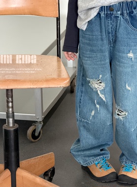 嗒囜【复古港风｜做自己】直筒宽松 做旧儿童春装蓝色破洞牛仔裤