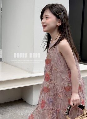 嗒囜夏装女童无袖印花蕾丝连衣裙